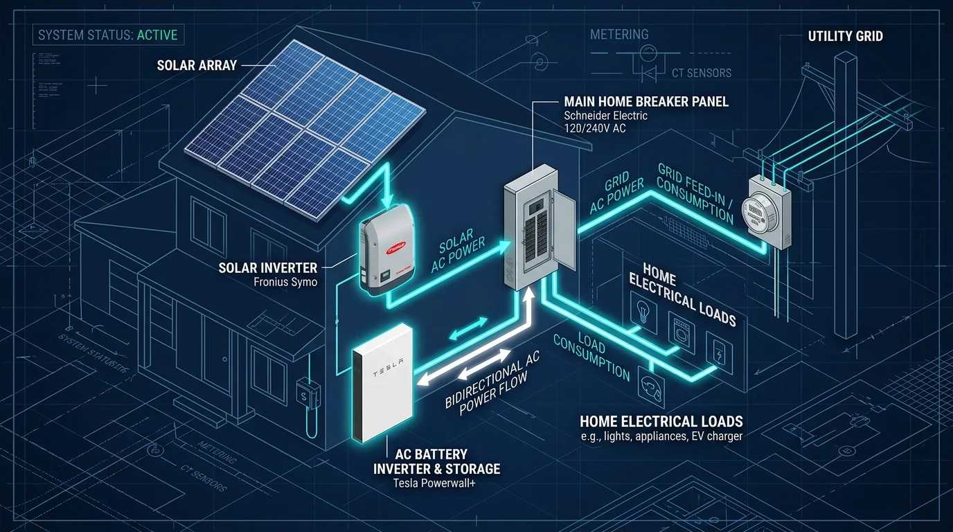 3D isometric technical diagram of AC coupled solar battery retrofit system with separate battery inverter