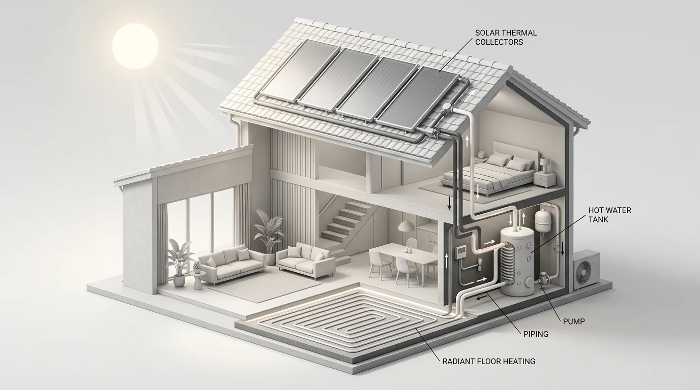 Solar thermal space and water heating system flow
