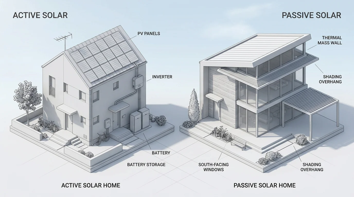 Side-by-side active and passive solar home designs