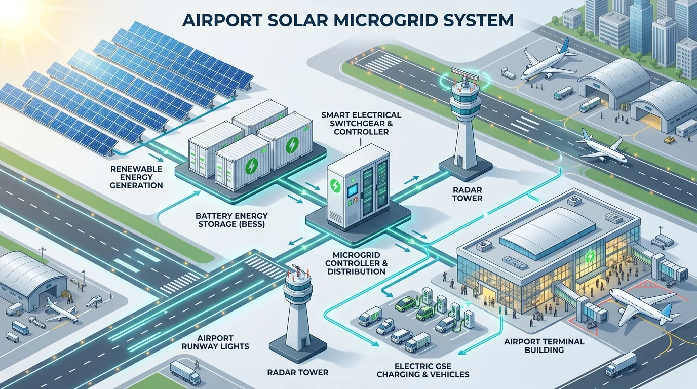 Airport solar microgrid resilience and electrical distribution flow