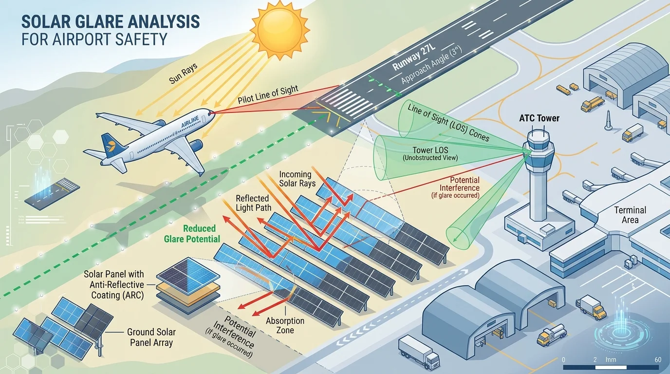 Solar glare analysis diagram for airport runway approaches and air traffic control towers