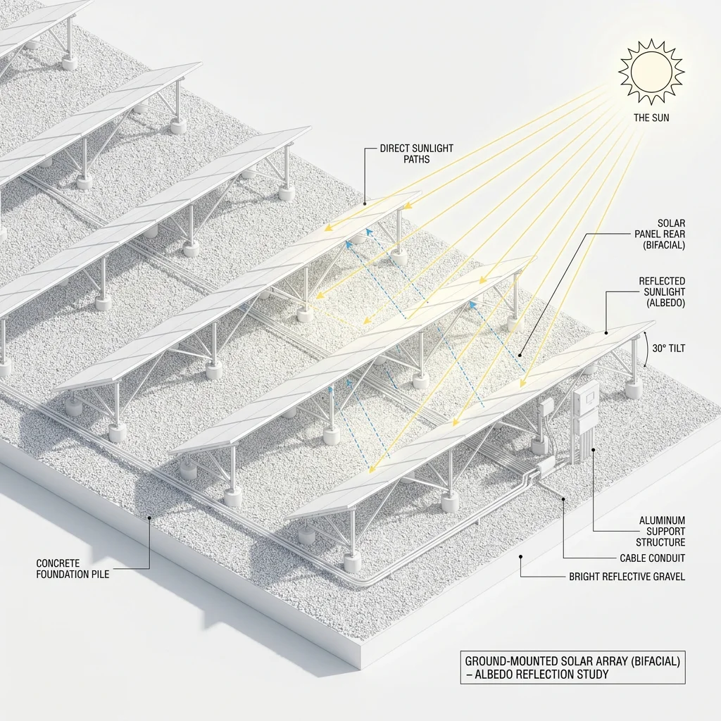 Ground-mounted solar array showing albedo reflection