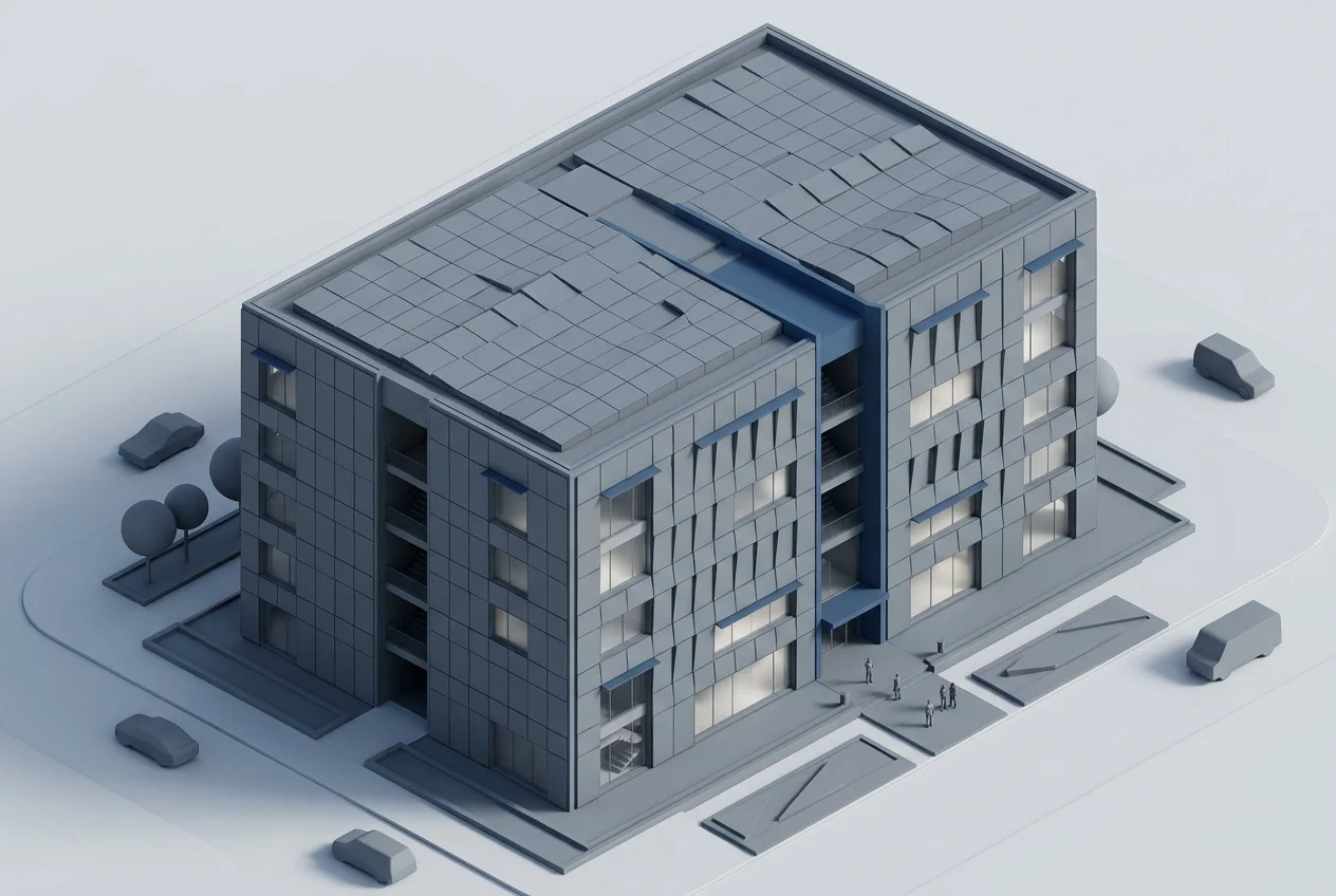 Office building facade with solar cladding panels