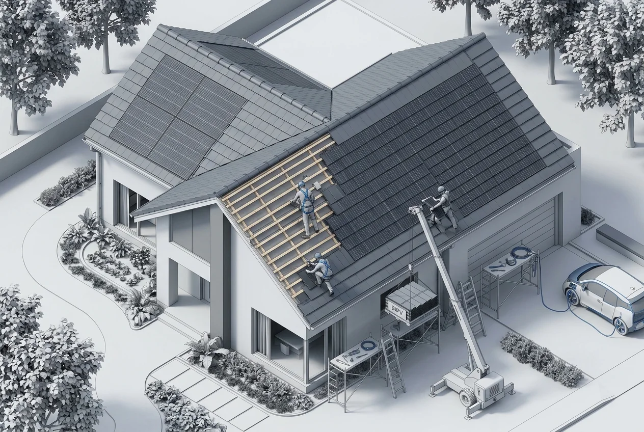 Solar roof tiles being installed on a home