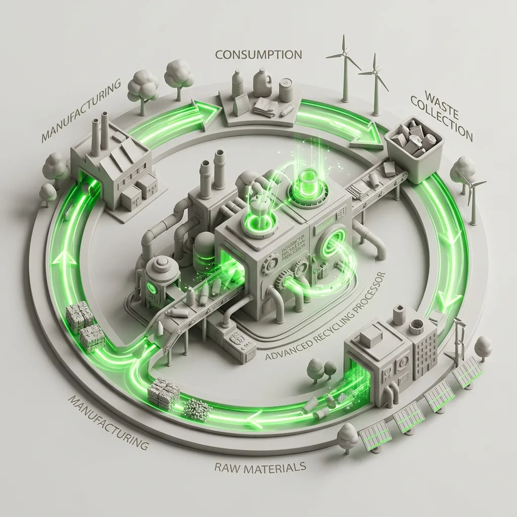 Isometric illustration of a futuristic circular economy recycling factory