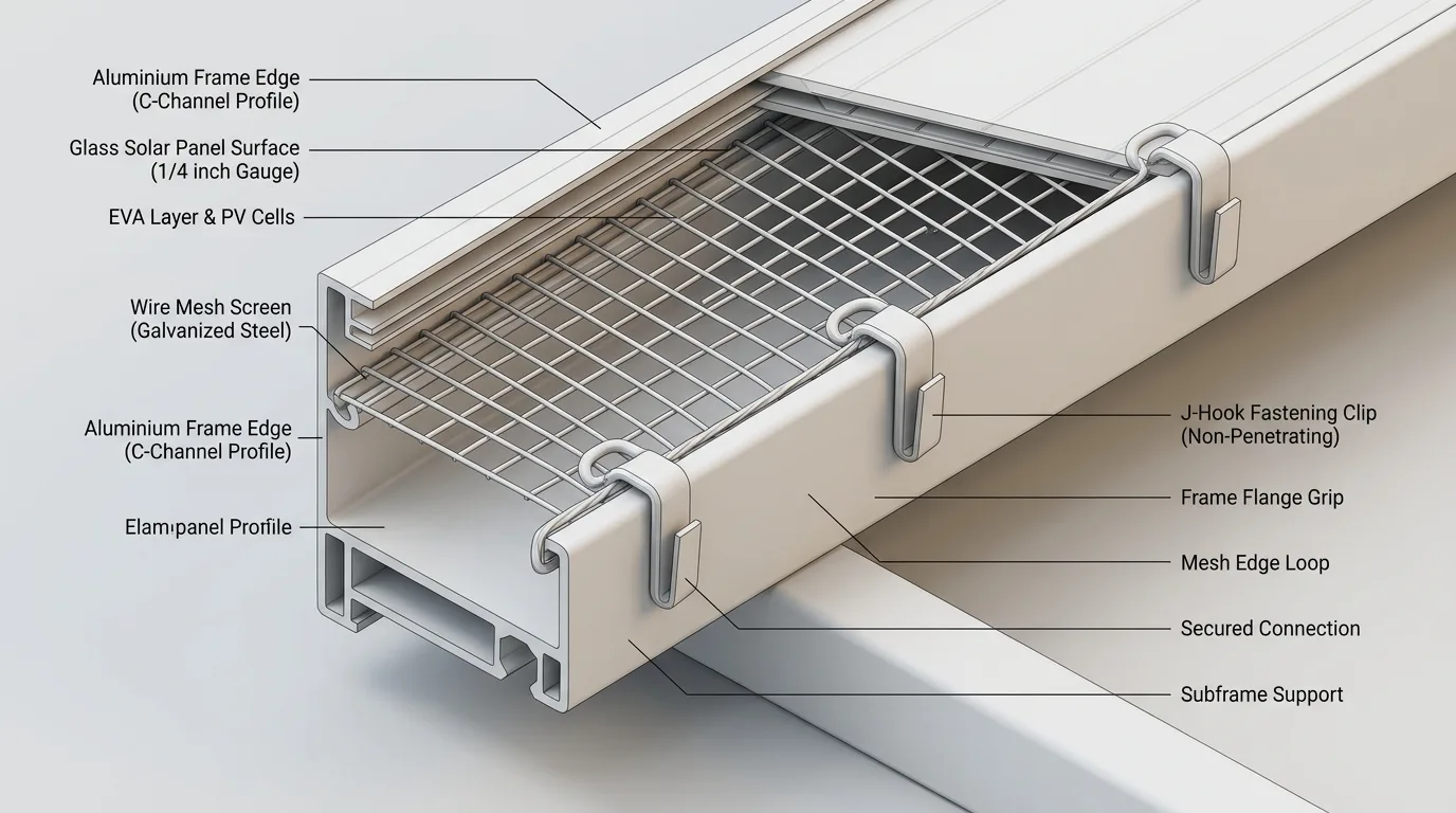 Solar panel aluminum frame edge with wire mesh attached using non-penetrating fastening J-hook speed clips