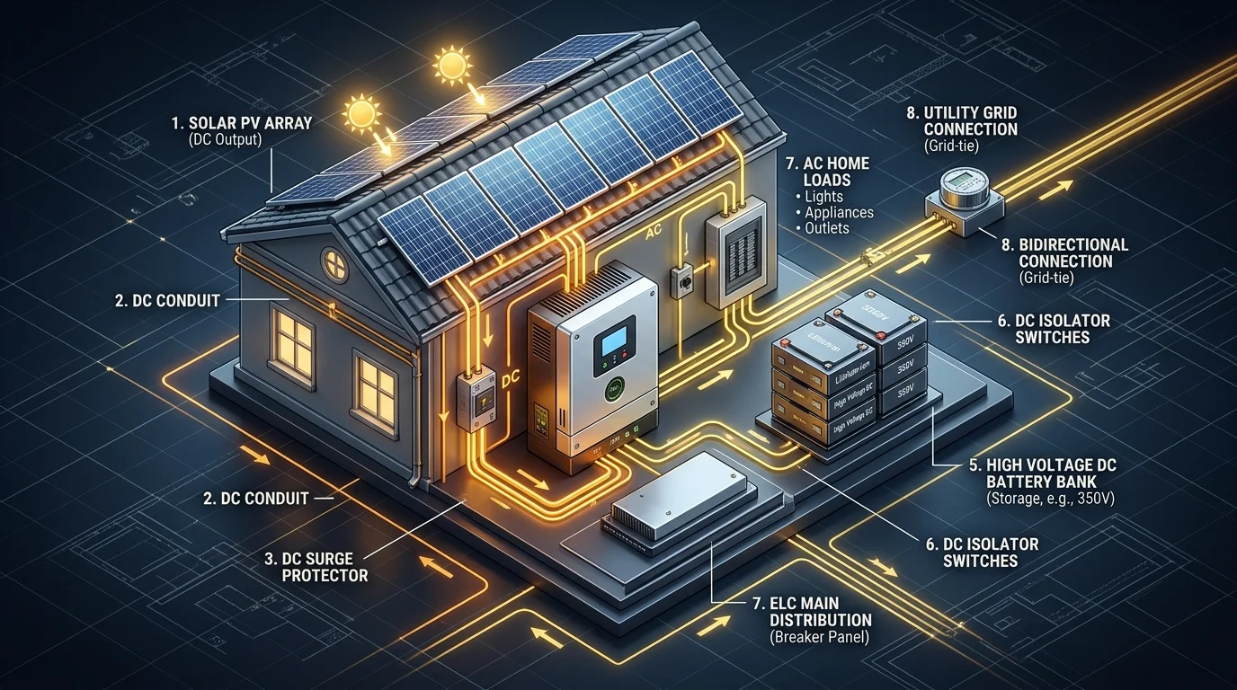 3D isometric technical diagram of DC coupled solar battery architecture with hybrid inverter