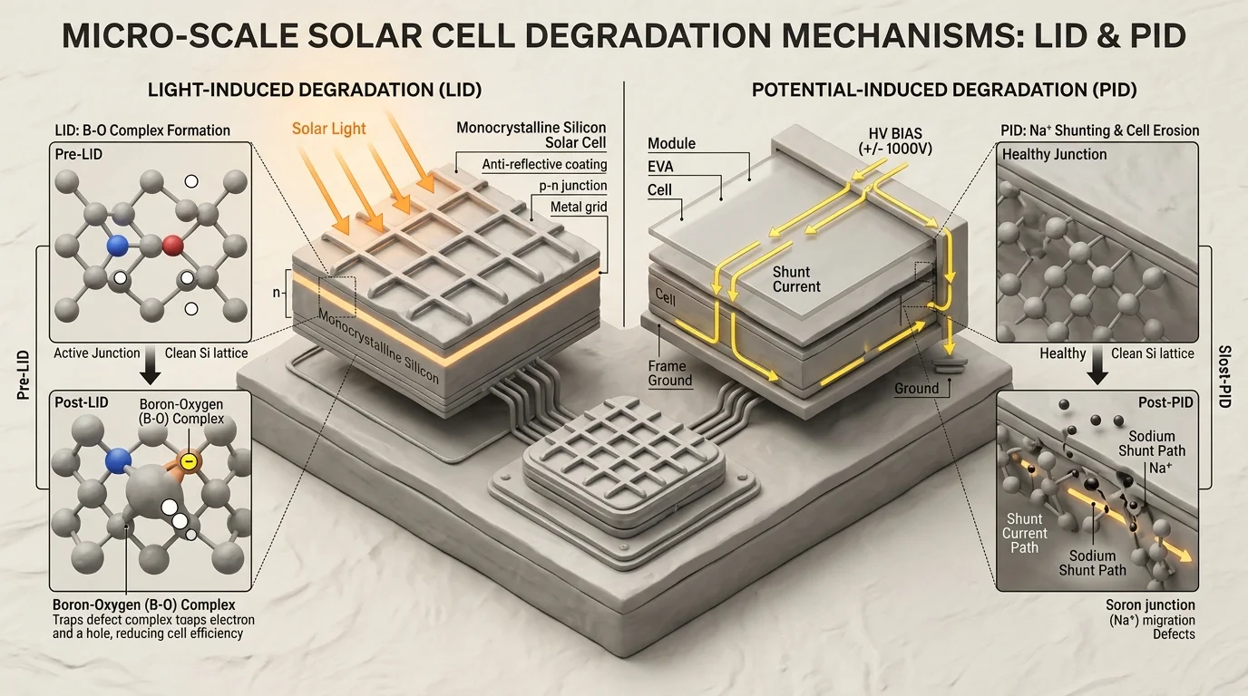 Diagram showing microscopic solar cell degradation mechanisms including LID and PID