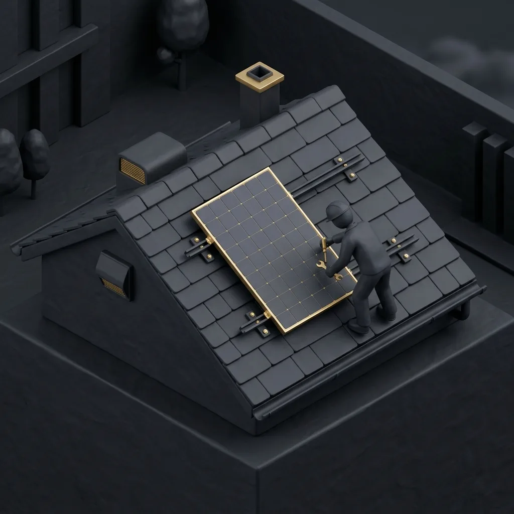 A stylized isometric illustration of a homeowner safely mounting a solar panel onto a roof.