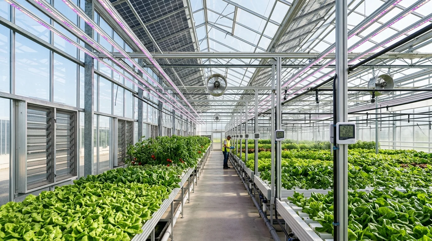 Modern commercial greenhouse interior showing solar-powered environmental climate controls, automated drip irrigation, and high-efficiency LED supplemental lighting