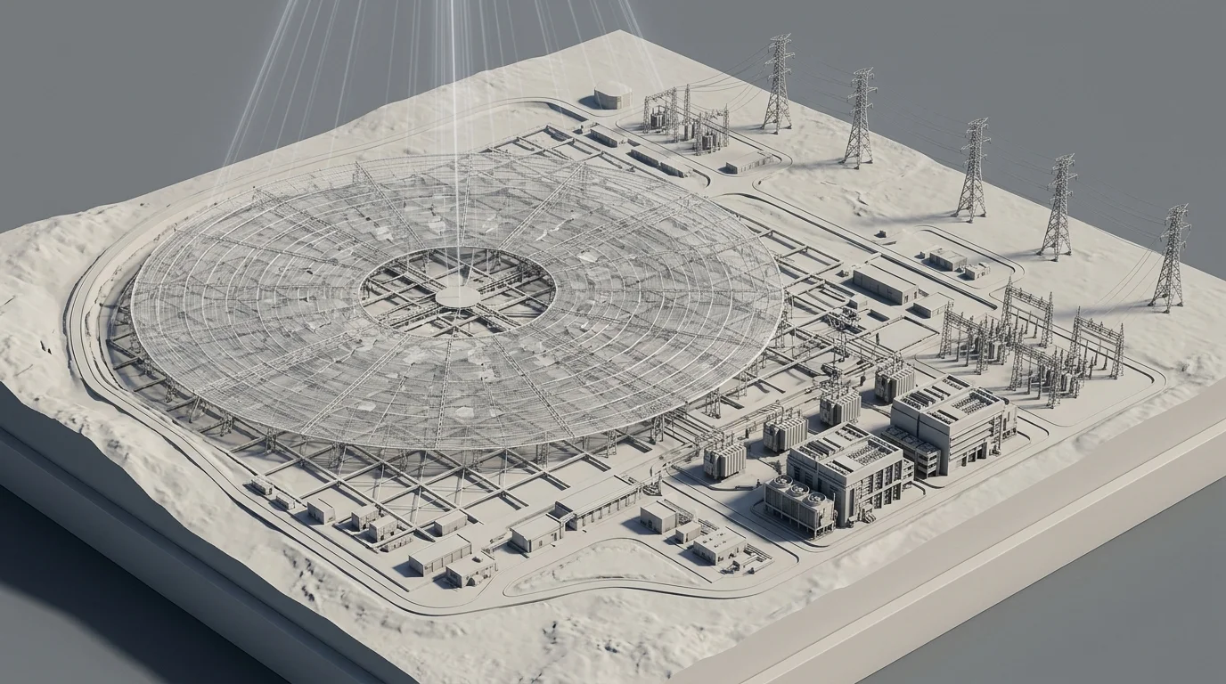3D isometric architectural model of a terrestrial ground rectenna station with circular wire mesh receiving fields, substations, and transmission power lines