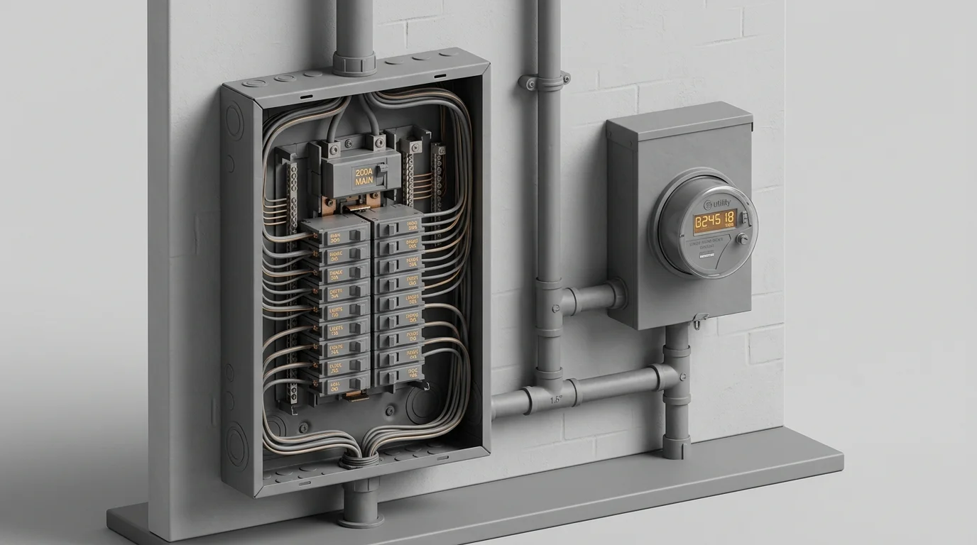 Upgraded residential 200-amp electrical breaker panel and utility meter