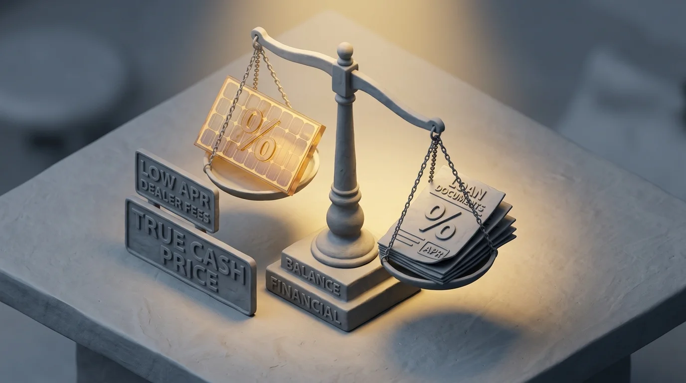 Financial balance scale comparing solar loan dealer fees and true cash price