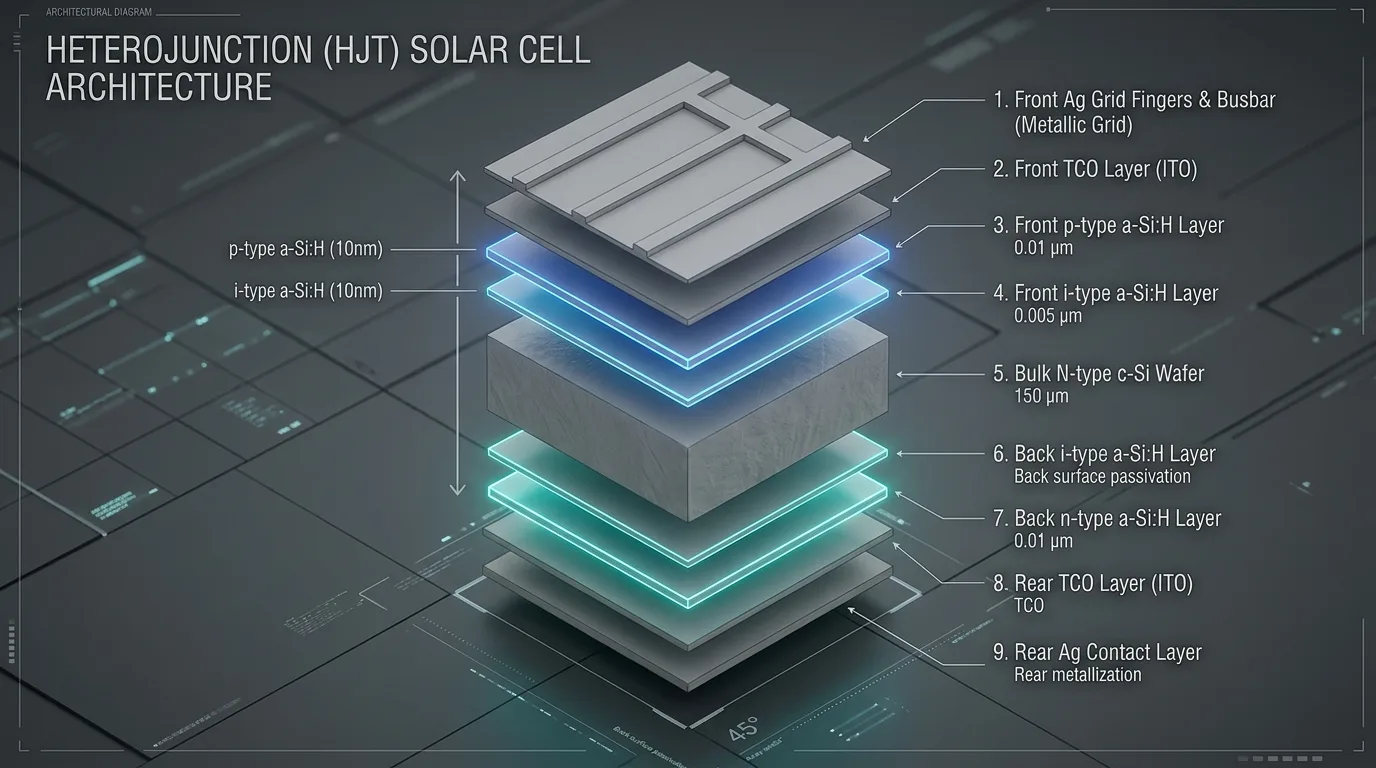 Diagram showing the microscopic layered structure of a Heterojunction HJT solar cell