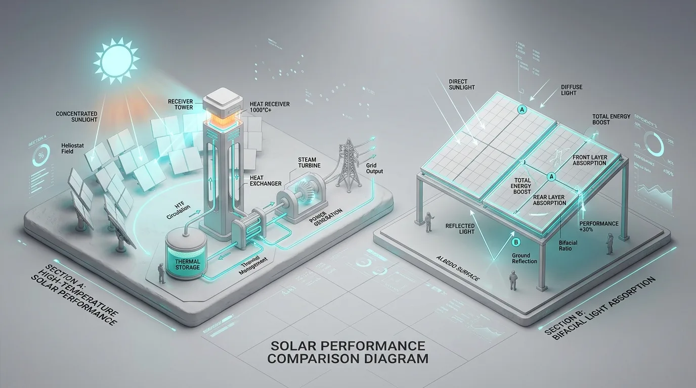 Performance diagram showing HJT solar efficiency in extreme heat and bifacial light absorption