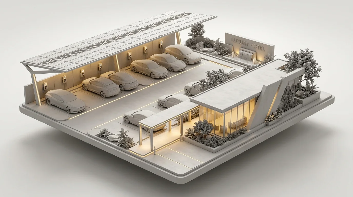 Modern luxury hotel solar carport providing shaded parking and electric vehicle charging for guests
