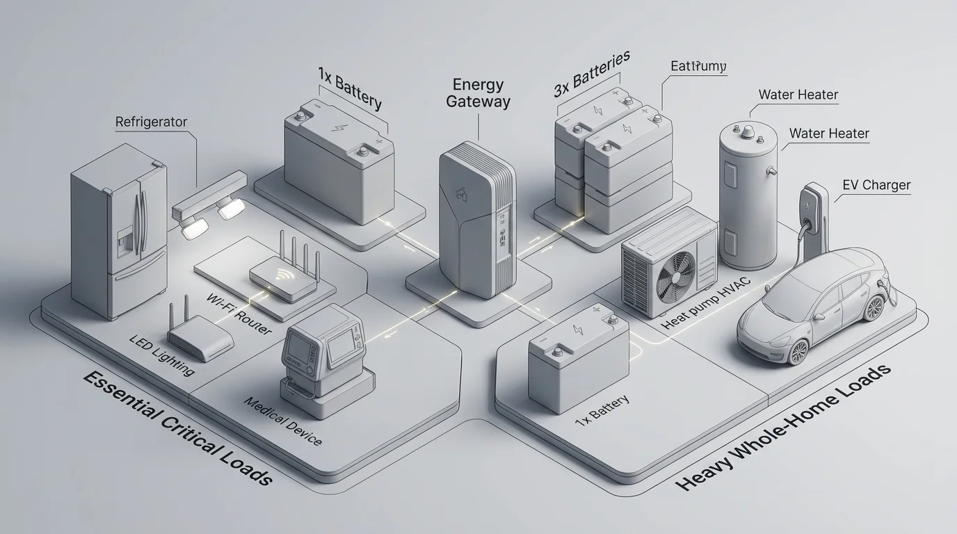3D isometric layout displaying home energy gateway routing power to essential critical loads versus whole-home heavy appliance loads