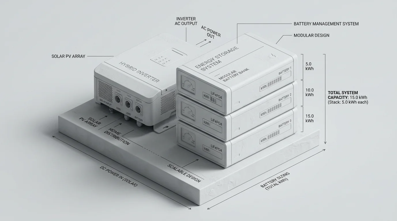 3D isometric technical diagram showing a hybrid solar inverter connected to a modular stack of 5 kWh lithium iron phosphate battery units