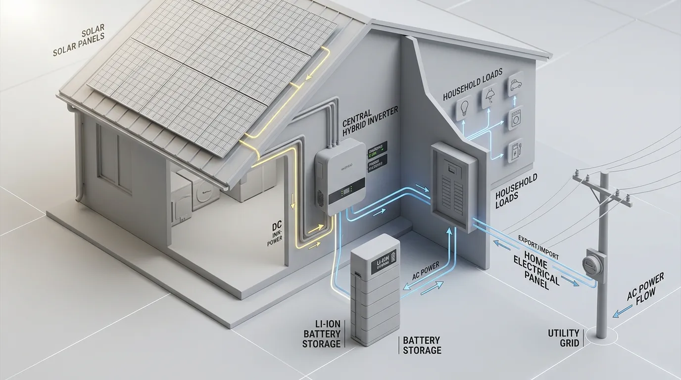 Hybrid solar inverter converting DC solar power directly into home AC electricity and charging batteries