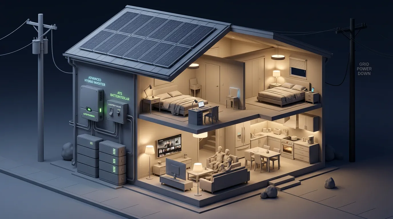 3D illustration of a smart home running seamlessly on hybrid inverter backup power during a grid outage