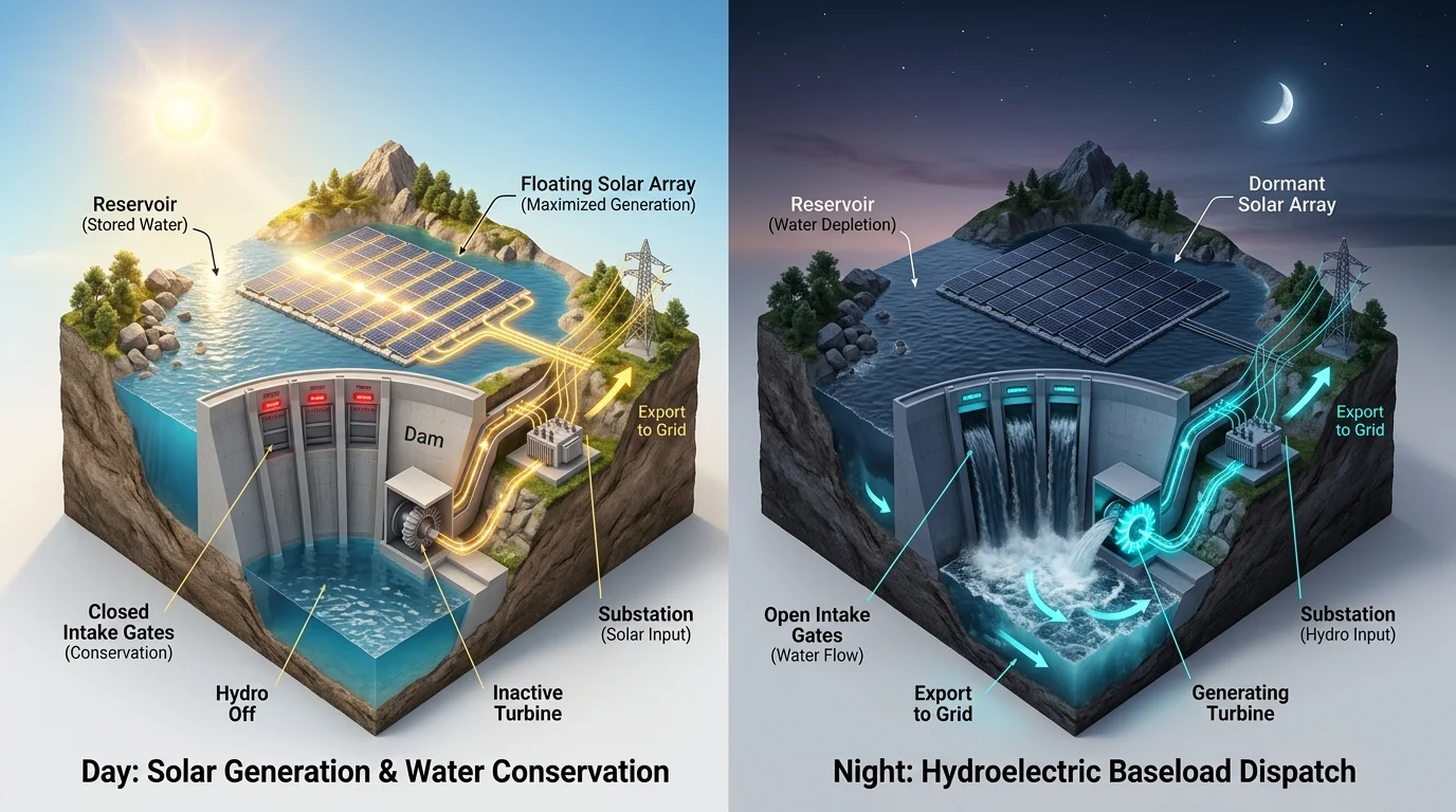 3D isometric diagram illustrating daytime solar power saving reservoir water contrasted with nighttime hydroelectric dispatch