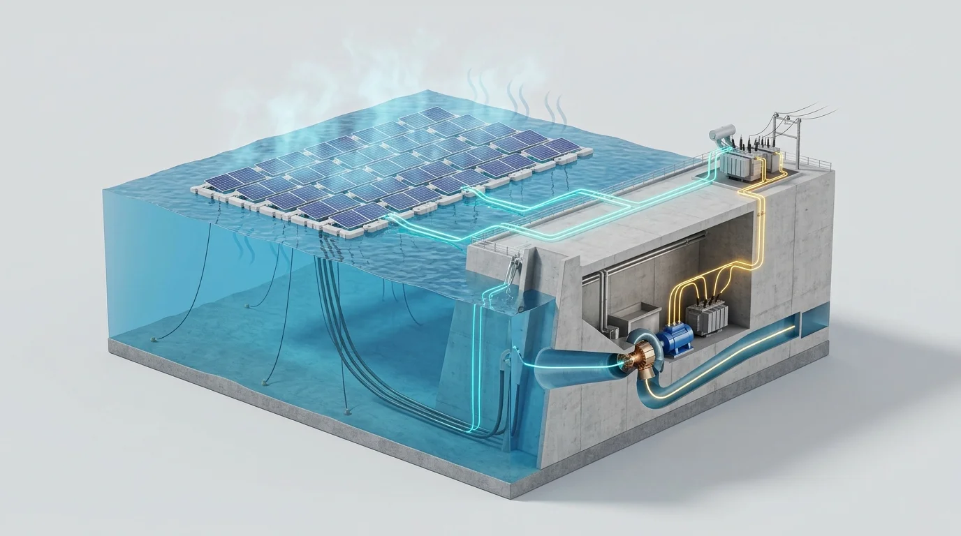 3D isometric cutaway engineering diagram of a hydro-solar hybrid system showing floating solar panels on reservoir water connected to dam turbines and transmission lines