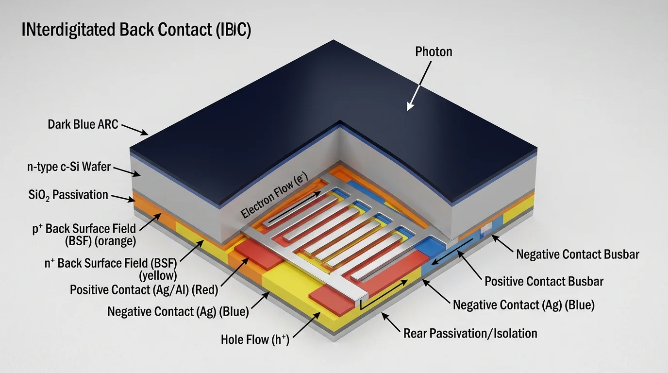 Isometric diagram showing the internal structure of an Interdigitated Back Contact solar cell with rear finger electrodes