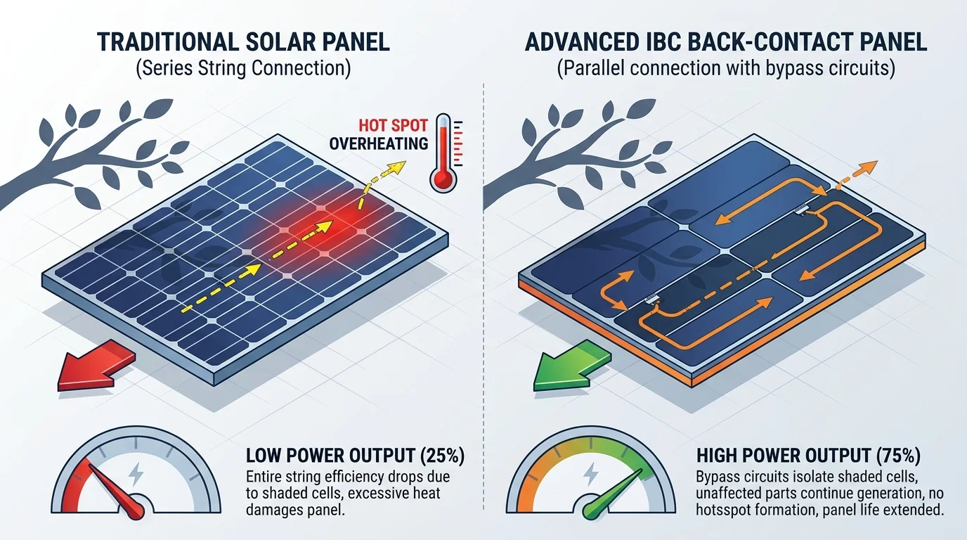 Comparison diagram illustrating how an IBC back-contact solar panel manages partial shading and eliminates hot spots