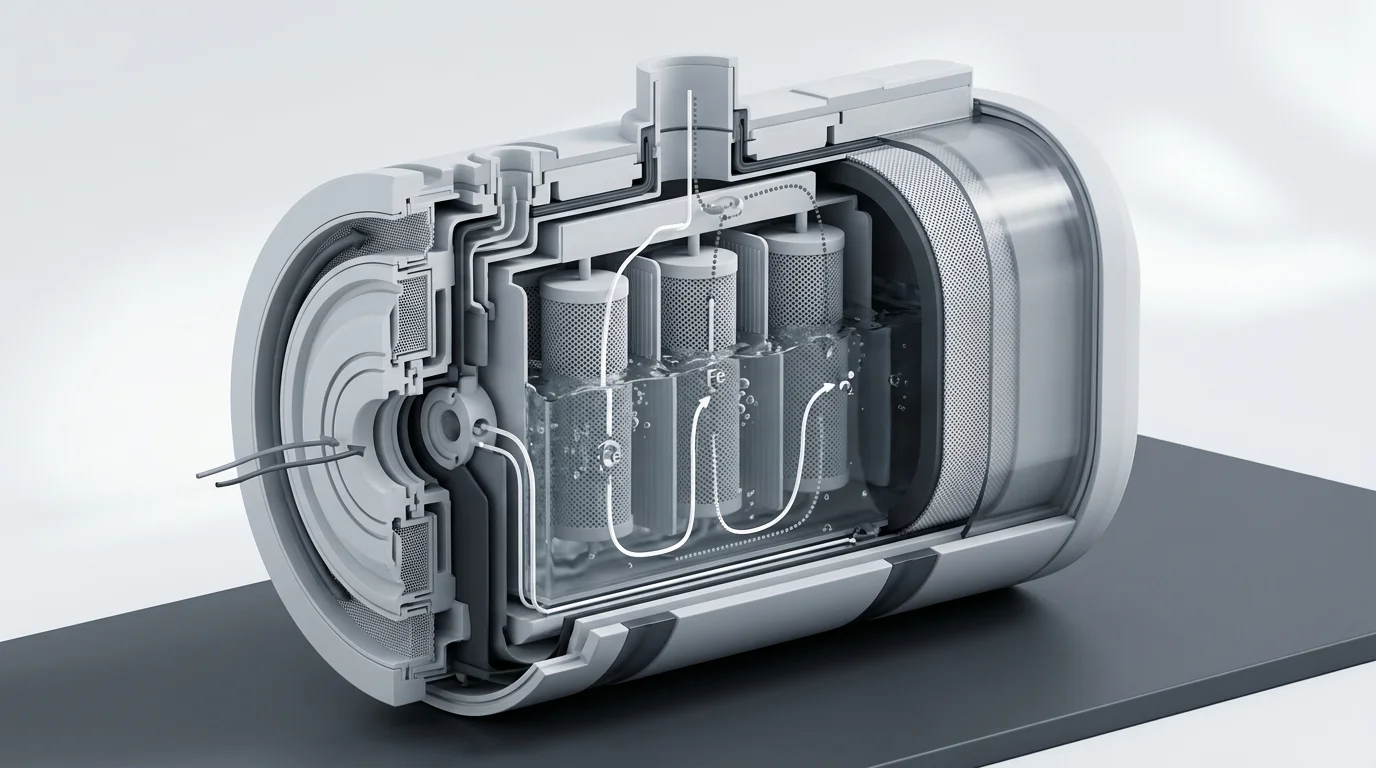 3D isometric clay render cutaway diagram of an iron-air solar battery cell showing iron pellets, air intake breathing channels, and reversible rusting cycle