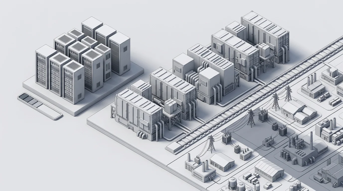 3D isometric clay render comparing multi-day 100-hour iron-air modular enclosures against standard lithium-ion cabinets powering a clean energy grid