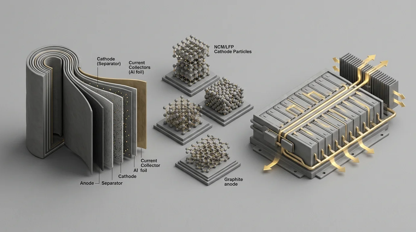 Diagram showing cell internal layer architecture and crystal structures of LFP and NMC battery chemistries