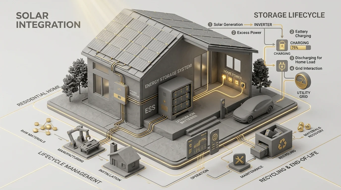 Illustration of residential home solar system integrated with LFP battery storage, hybrid inverter, and smart grid connection
