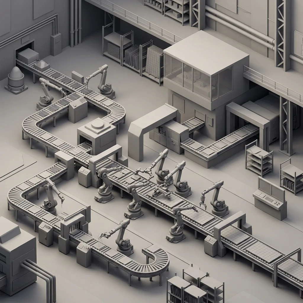 Robotic arms assembling silicon solar cells on a conveyor belt in a high-tech factory