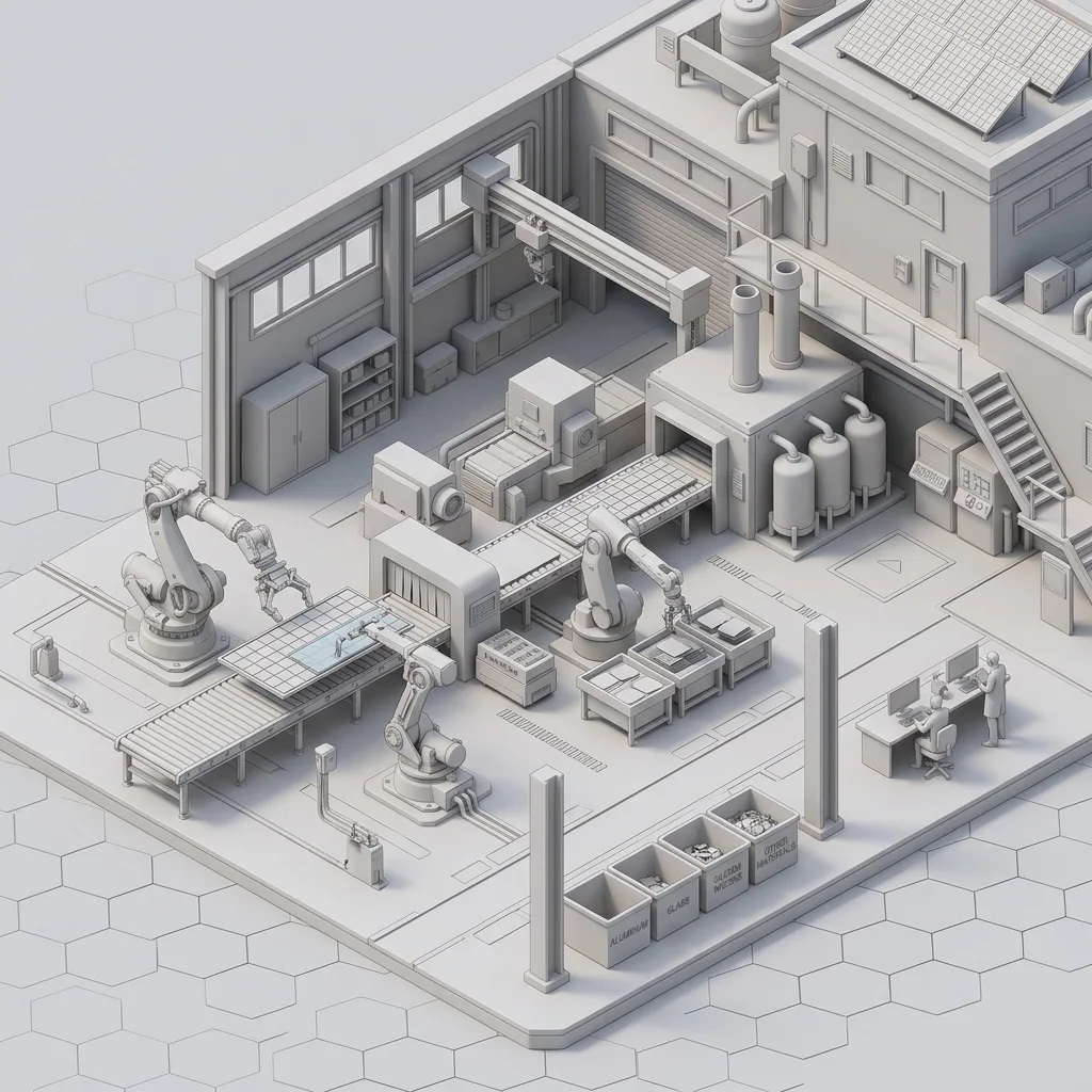 Robotic sorting arms separating glass, aluminum, and silicon wafers in a modern recycling facility