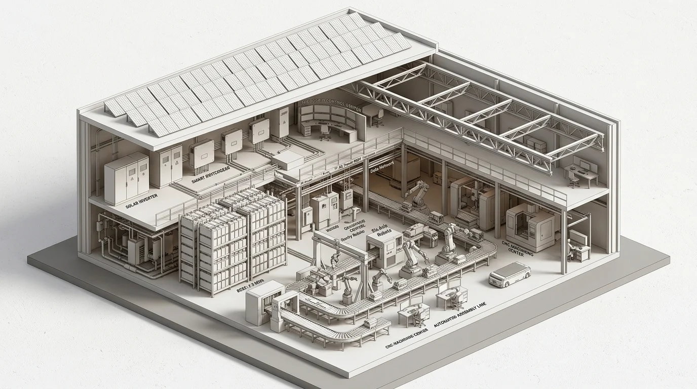 Smart industrial solar microgrid powering automated manufacturing machinery