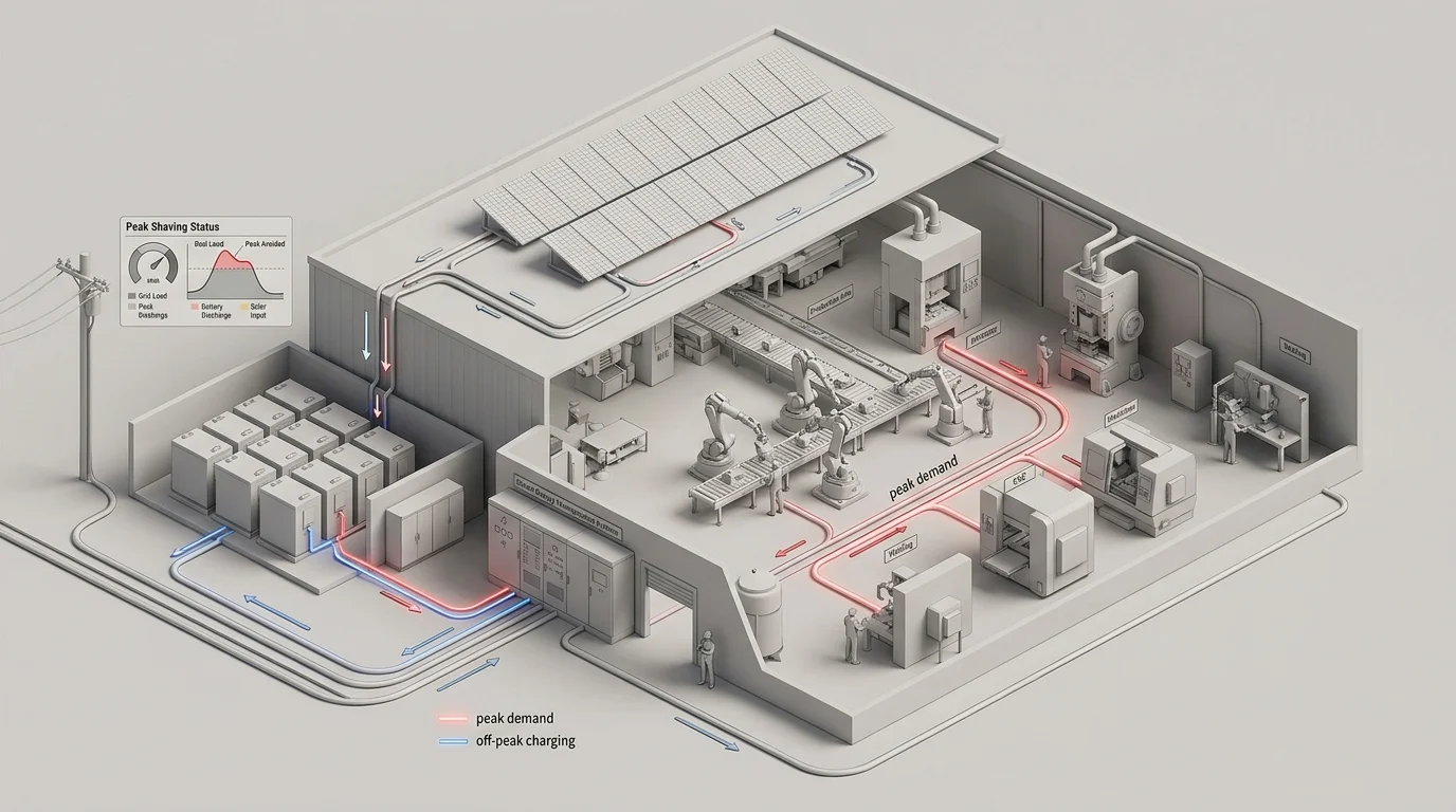 Industrial peak shaving diagram showing solar generation, battery discharge, and factory demand curves