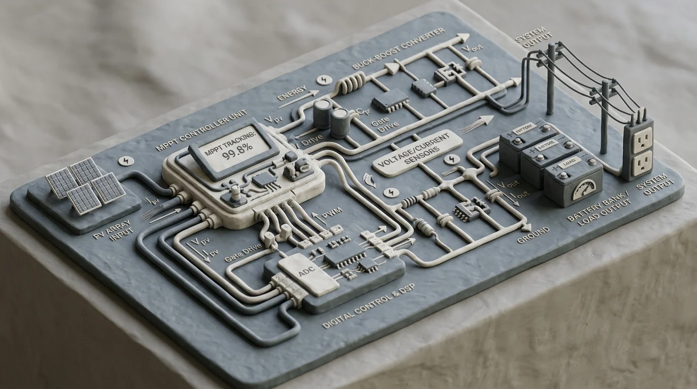 3D isometric technical diagram showing maximum power point tracking MPPT circuits and energy flow control