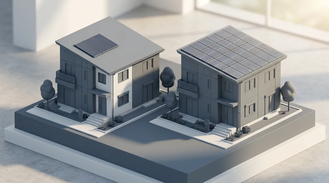 3D isometric comparison of two houses showing compact monocrystalline panels on a small roof section versus a crowded polycrystalline array covering an entire roof