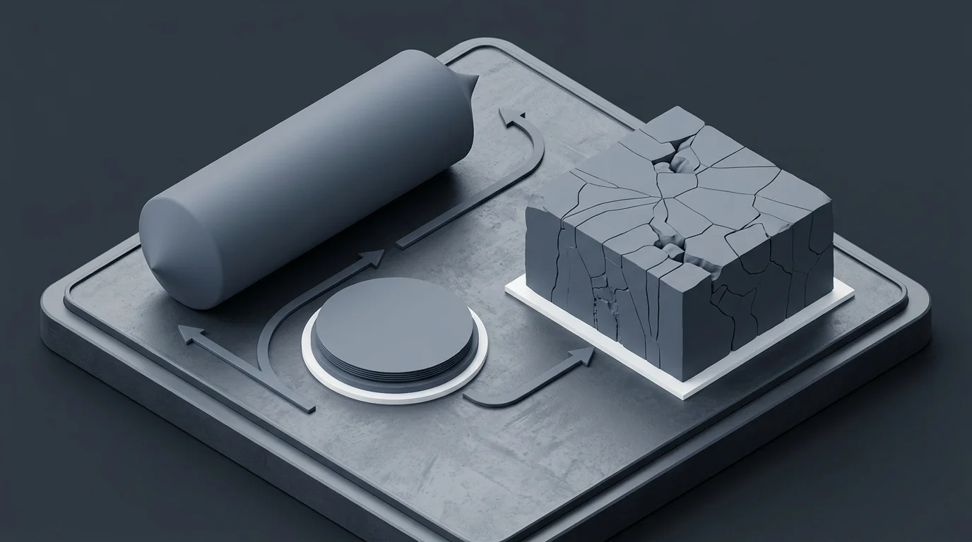 3D isometric technical diagram showing a single-crystal monocrystalline ingot cylinder and sliced wafer next to a multi-crystal cast silicon block