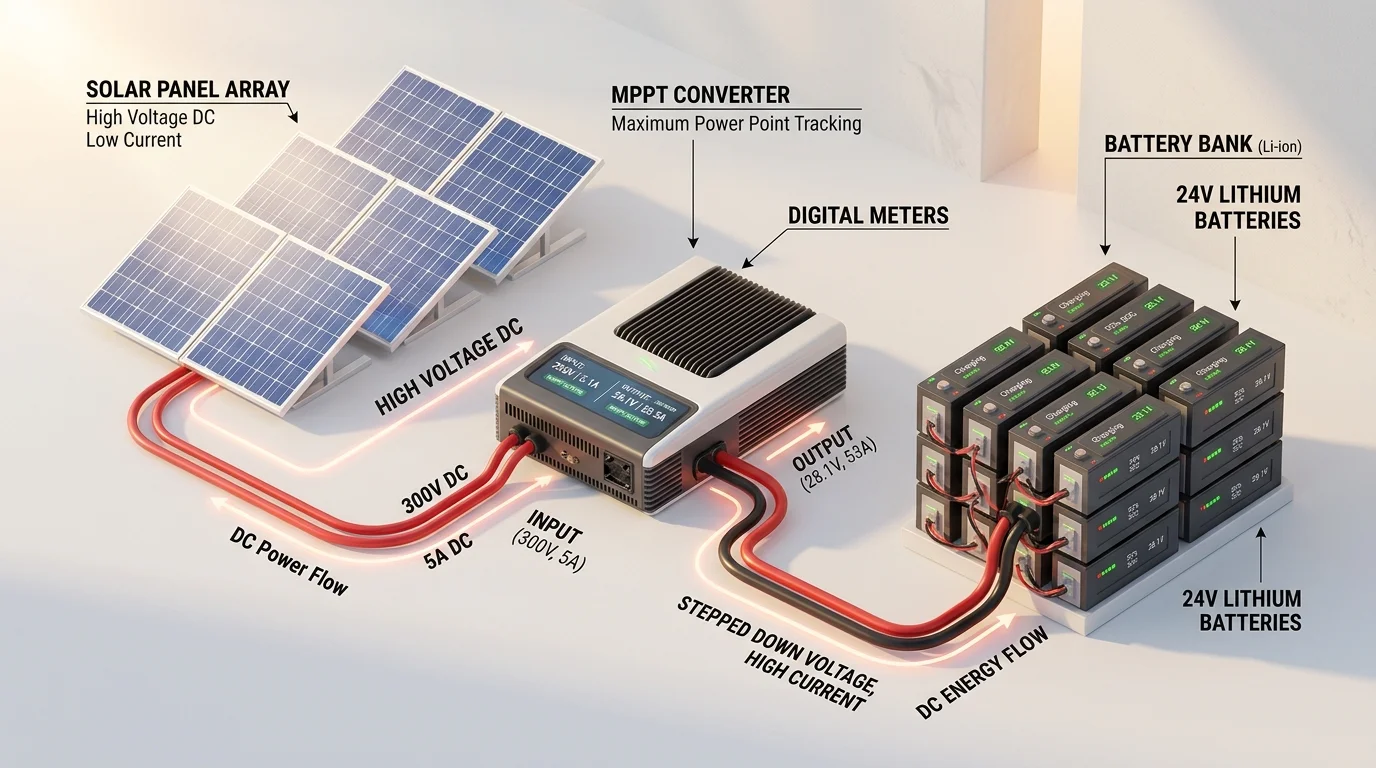 MPPT charge controller voltage and current conversion diagram