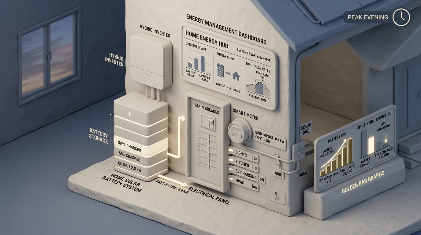 A 3D isometric model of a home solar battery system paired with an energy management dashboard and electrical panel.