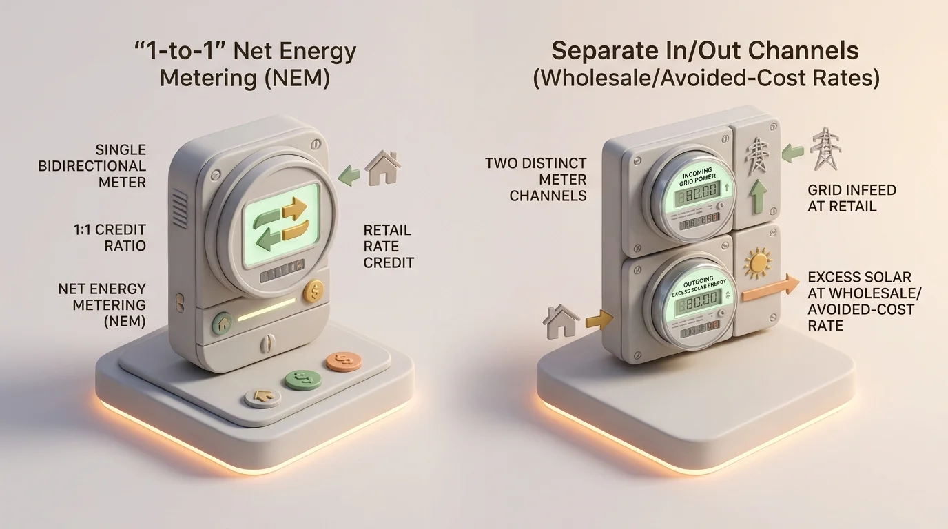 A 3D isometric infographic comparison of a bidirectional net meter and separate net billing meter channels.
