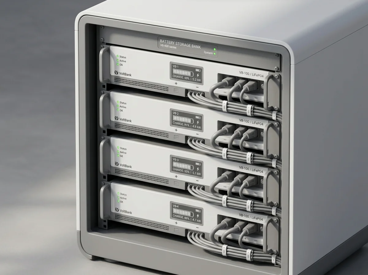 A premium 3D isometric close-up of a modern lithium battery storage bank with digital status displays and wiring.