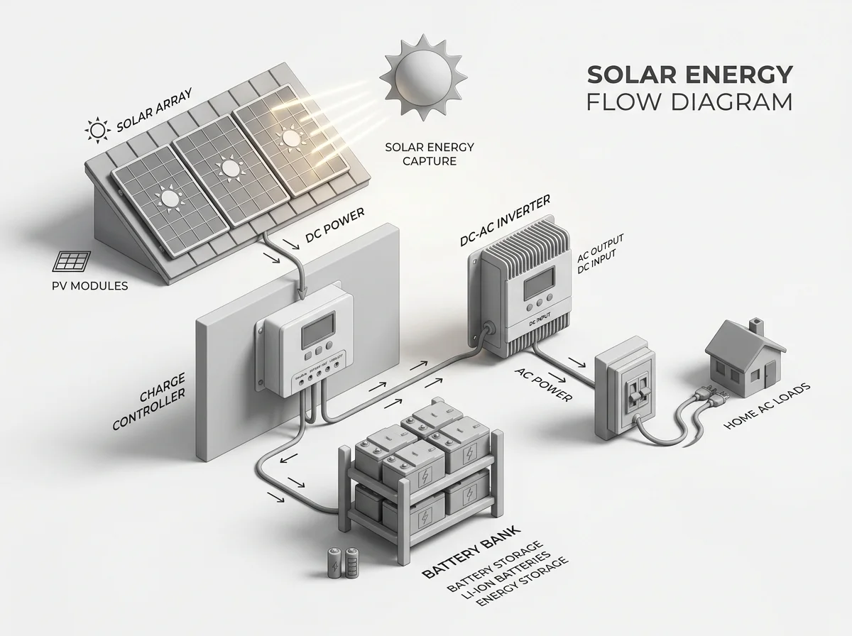 A premium 3D isometric diagram illustrating the solar energy sizing process from panel to battery storage and home loads.