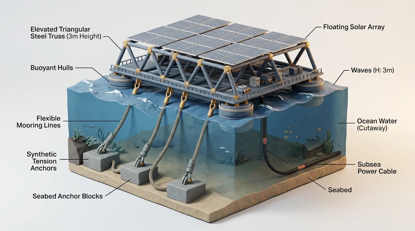 Isometric cutaway engineering diagram of an elevated offshore floating solar platform with mooring cables anchored to the ocean seabed