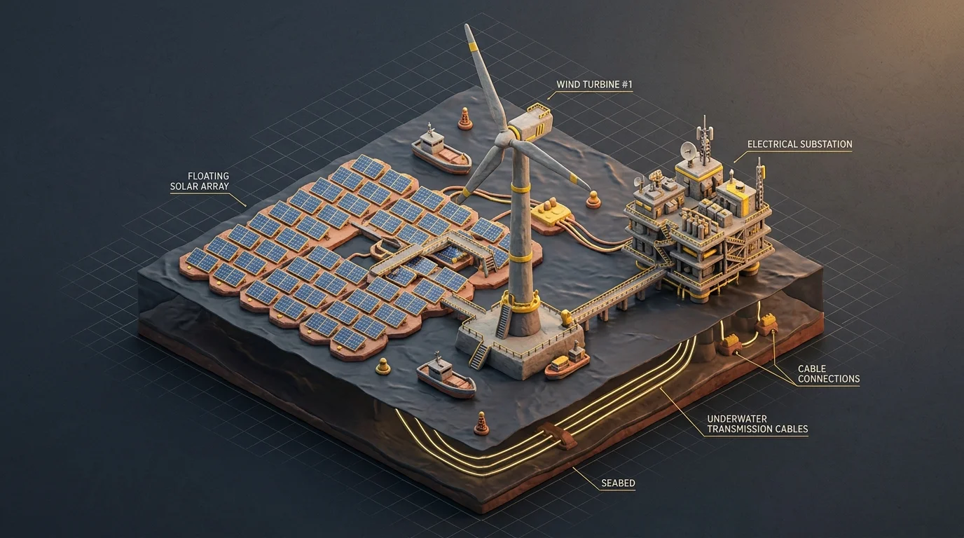 Isometric diagram of an offshore wind turbine integrated with floating solar platforms sharing a marine electrical substation