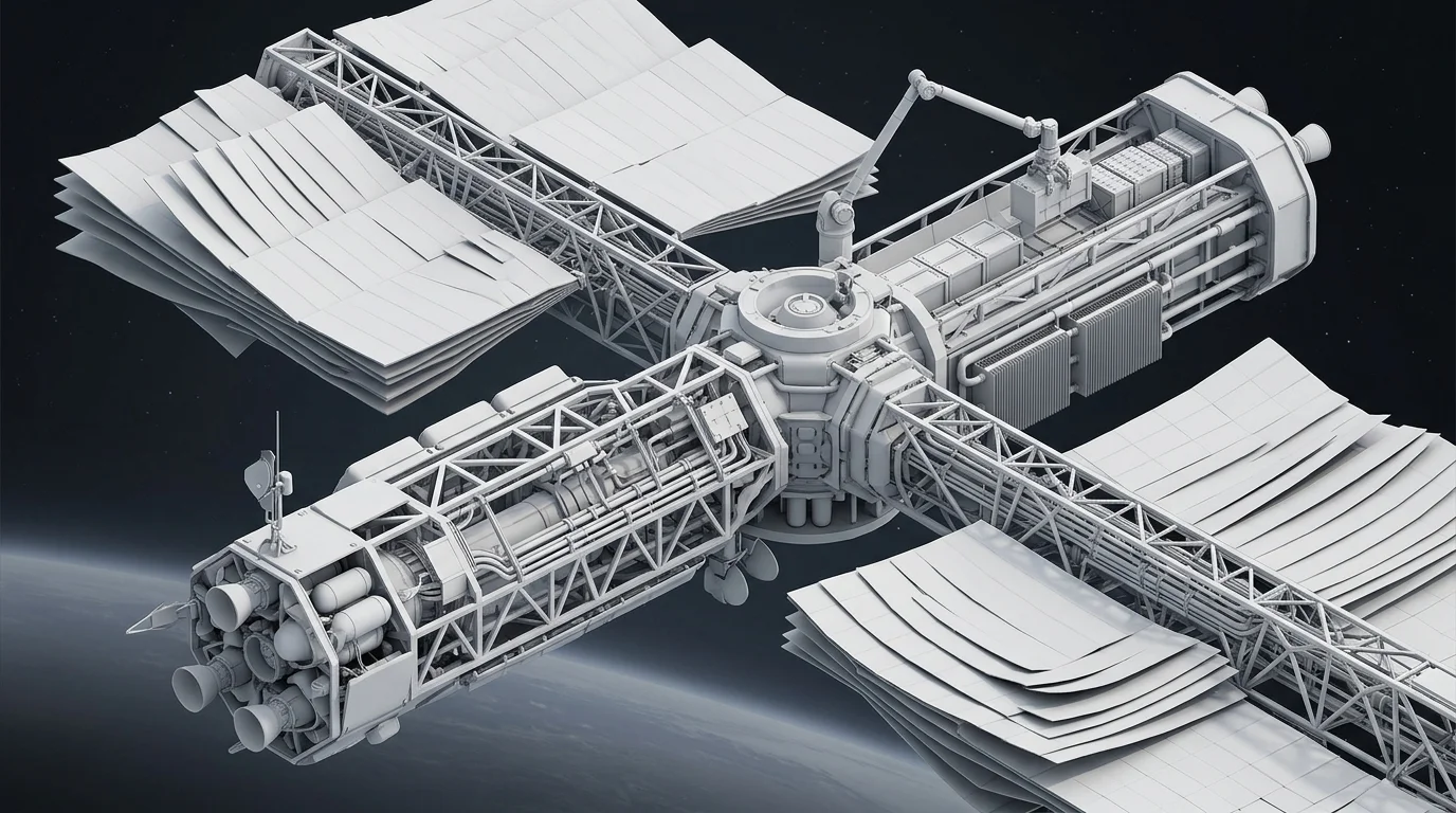 3D isometric cutaway diagram of an orbital solar collector showing composite trusses, thin-film solar blankets, autonomous robotic assembly, and thermal radiators