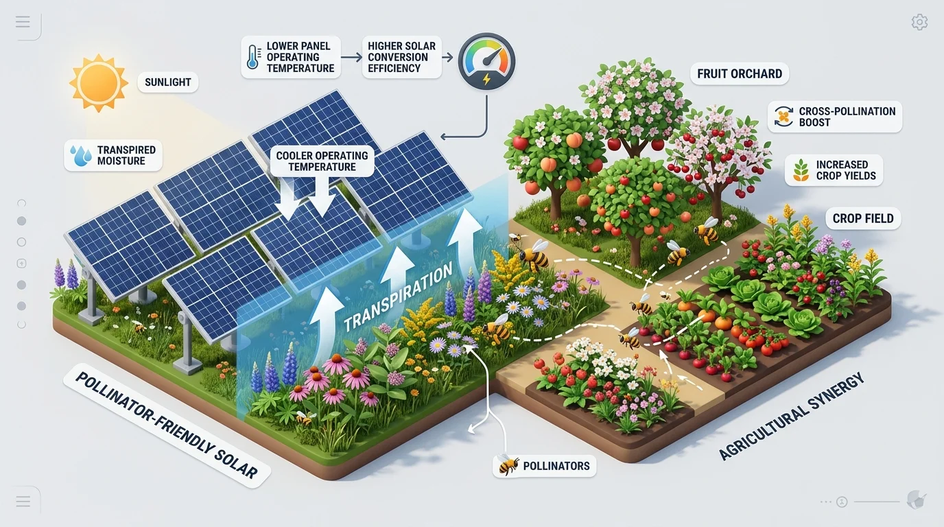 Infographic demonstrating how transpiration from native wildflowers cools solar panels and bees boost nearby crop yields