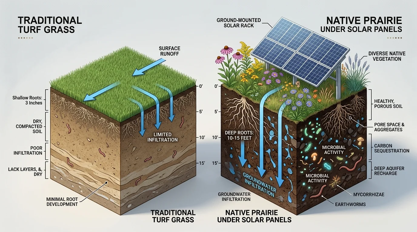 Isometric diagram comparing shallow turf grass roots with 15-foot deep native prairie roots under ground-mounted solar panels