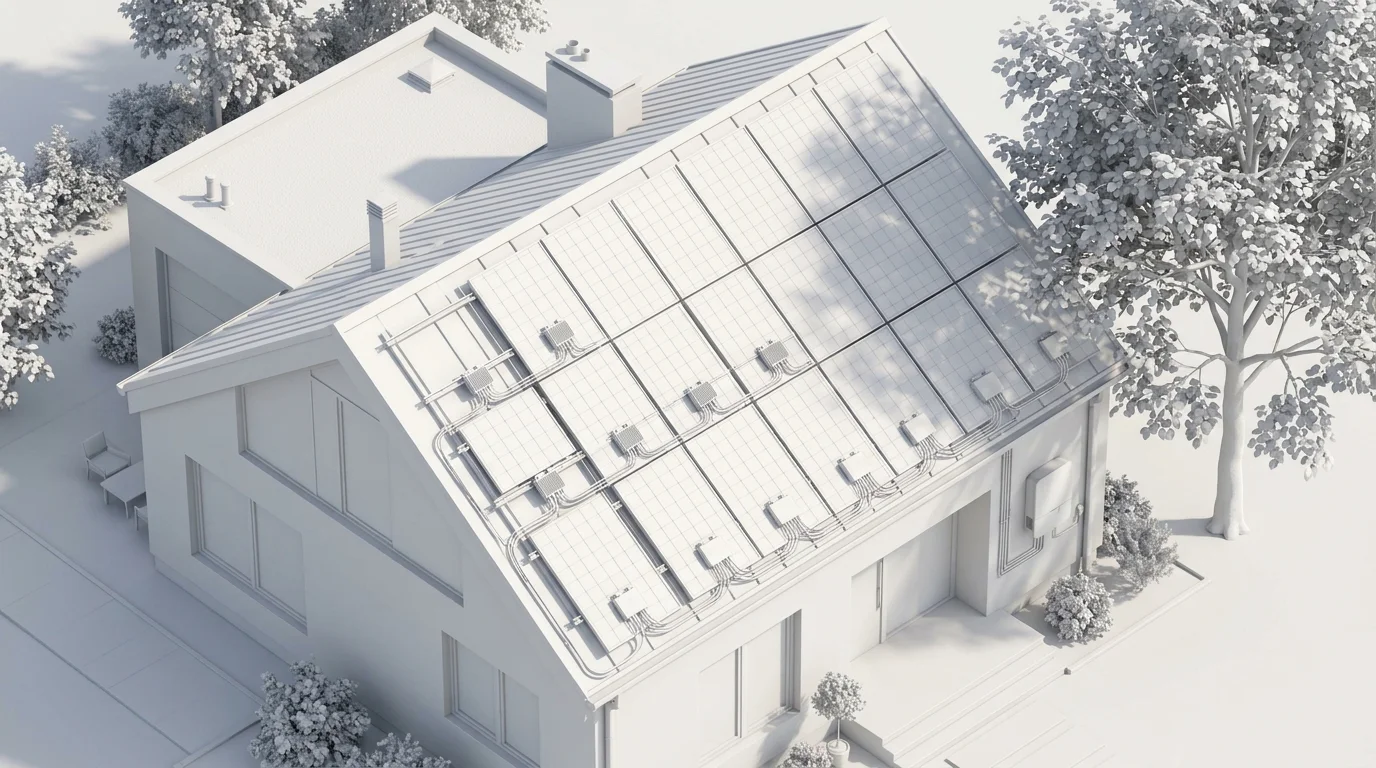 Rooftop solar installation featuring individual DC power optimizers attached to solar panels under tree shade